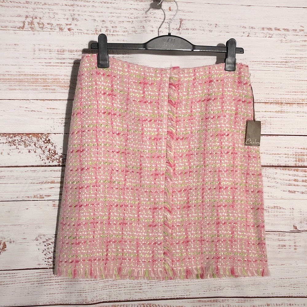 Nordstrom Caslon Pink and Green Tweed Pencil Skirt 14 petite satin lining frayed